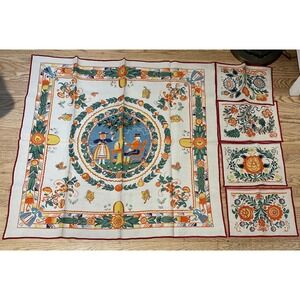Toni Sarg Vintage Linen Table Cloth & 4 Napkin Placemat Dutch Folk Art Signed